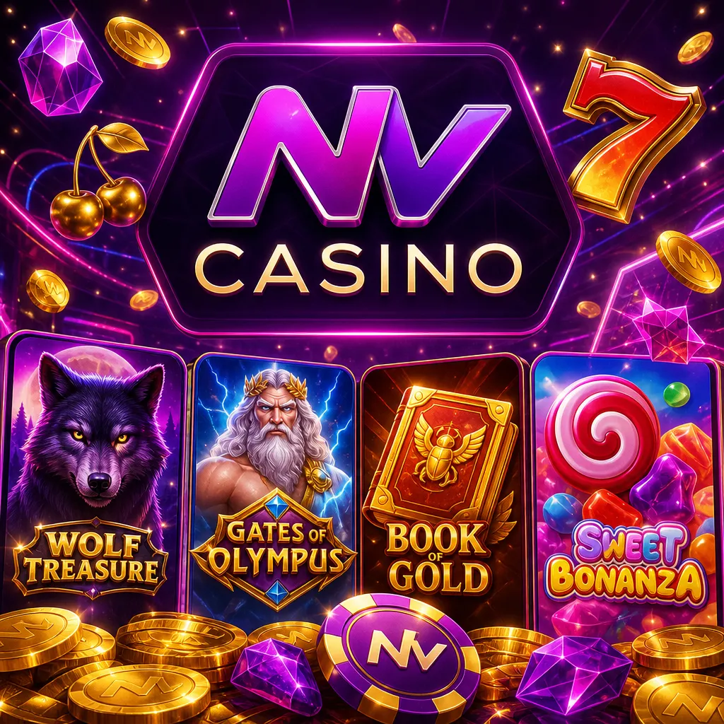 High-quality NV Casino promo image with official logo, purple-magenta neon glow and slot-card visuals.