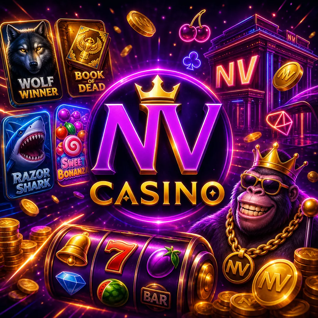 NV Casino promo featuring official logo, neon purple-magenta glow, and slot card visuals.